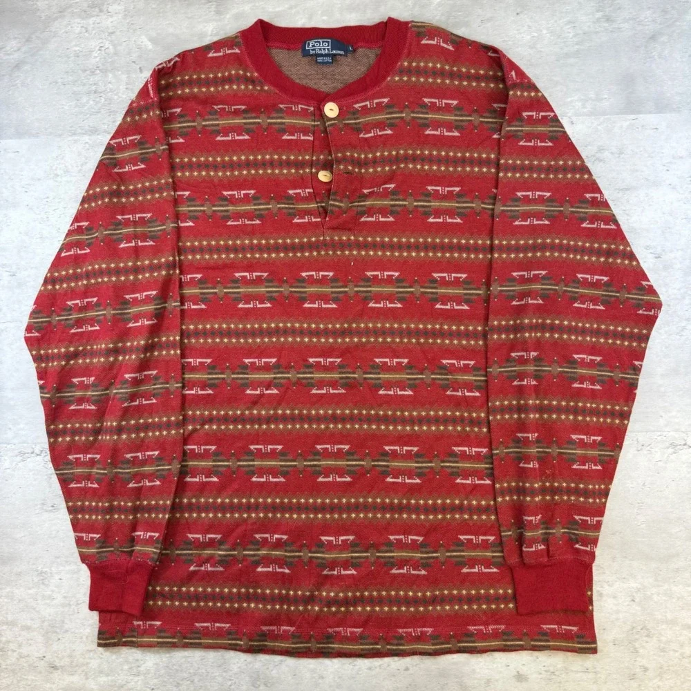 Vintage Polo Ralph Lauren Henley Shirt Mens L Red USA Made